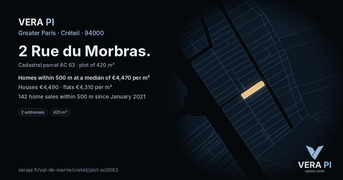 2 Rue du Morbras, Créteil at night – the plot lit, the parcels around coloured by the prices near them