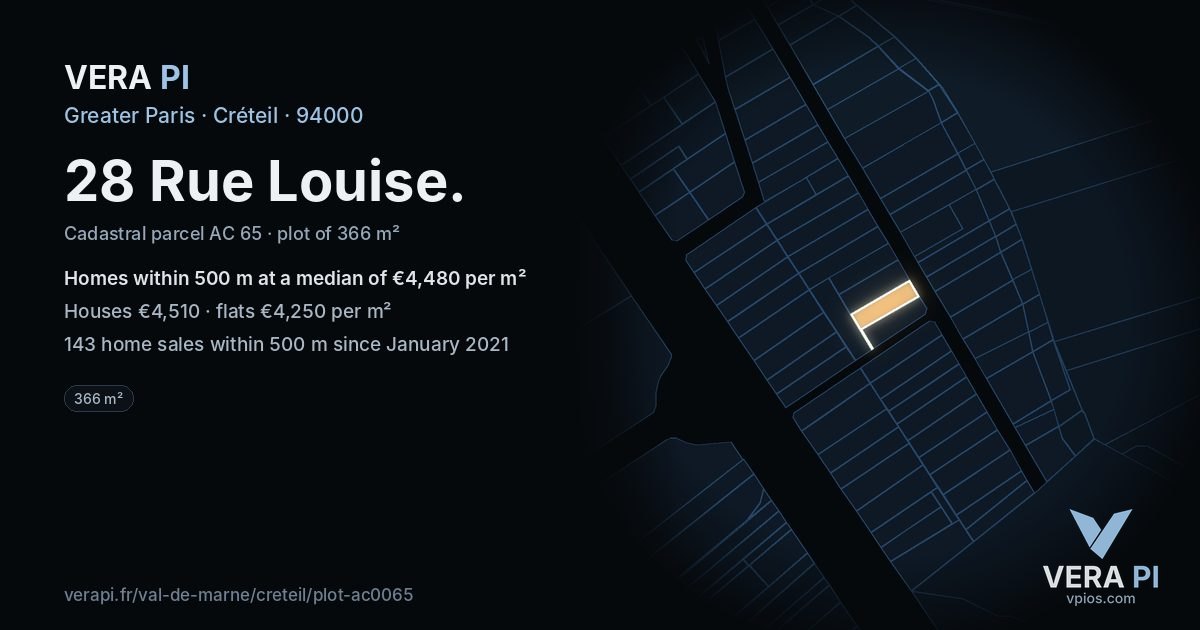 28 Rue Louise, Créteil at night – the plot lit, the parcels around coloured by the prices near them