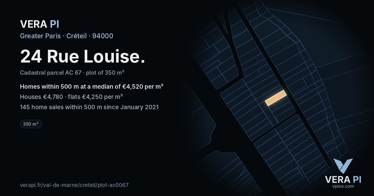 24 Rue Louise, Créteil at night – the plot lit, the parcels around coloured by the prices near them