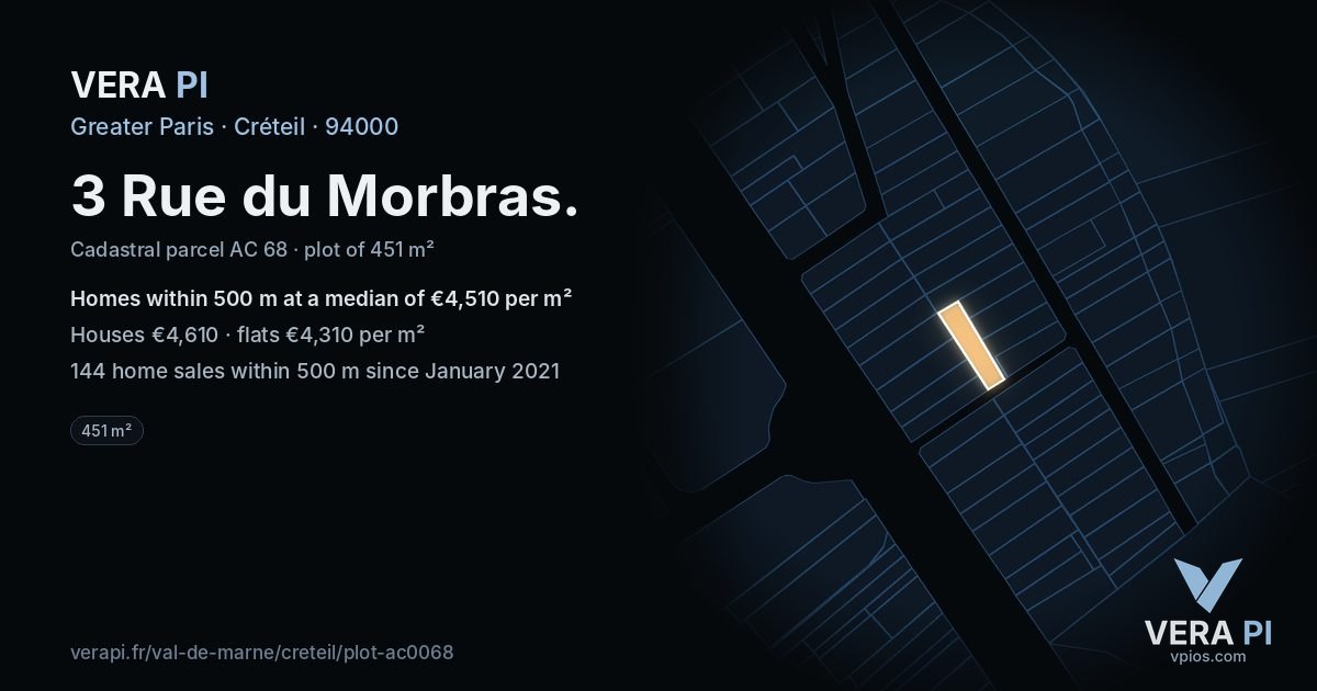 3 Rue du Morbras, Créteil at night – the plot lit, the parcels around coloured by the prices near them