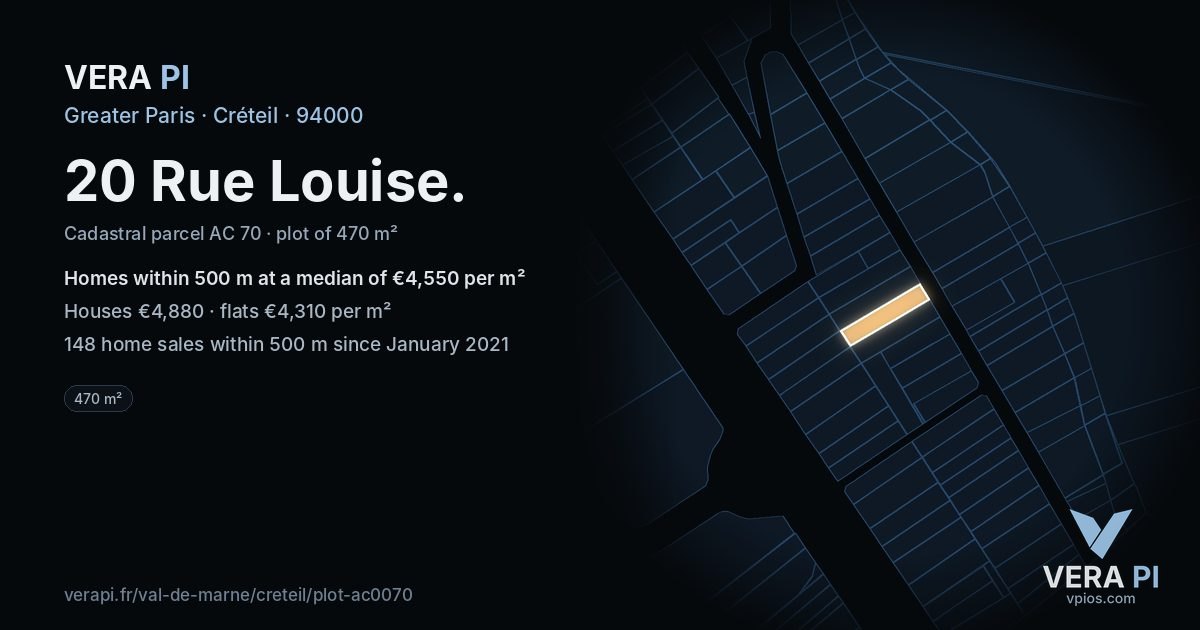 20 Rue Louise, Créteil at night – the plot lit, the parcels around coloured by the prices near them