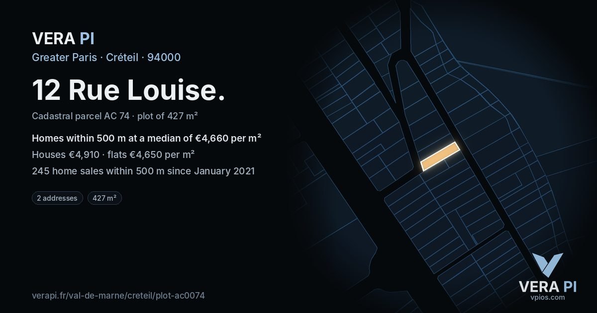 12 Rue Louise, Créteil at night – the plot lit, the parcels around coloured by the prices near them