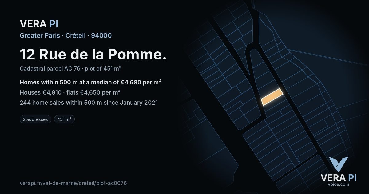12 Rue de la Pomme, Créteil at night – the plot lit, the parcels around coloured by the prices near them