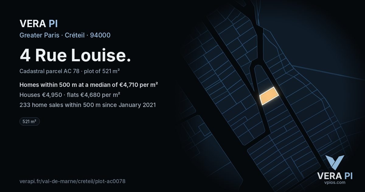 4 Rue Louise, Créteil at night – the plot lit, the parcels around coloured by the prices near them