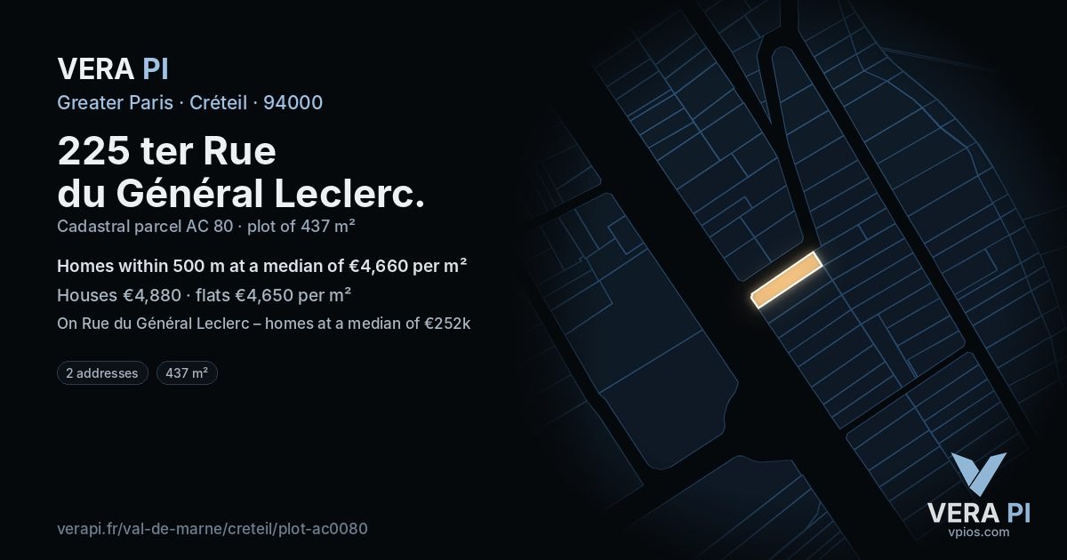 225 ter Rue du Général Leclerc, Créteil at night – the plot lit, the parcels around coloured by the prices near them