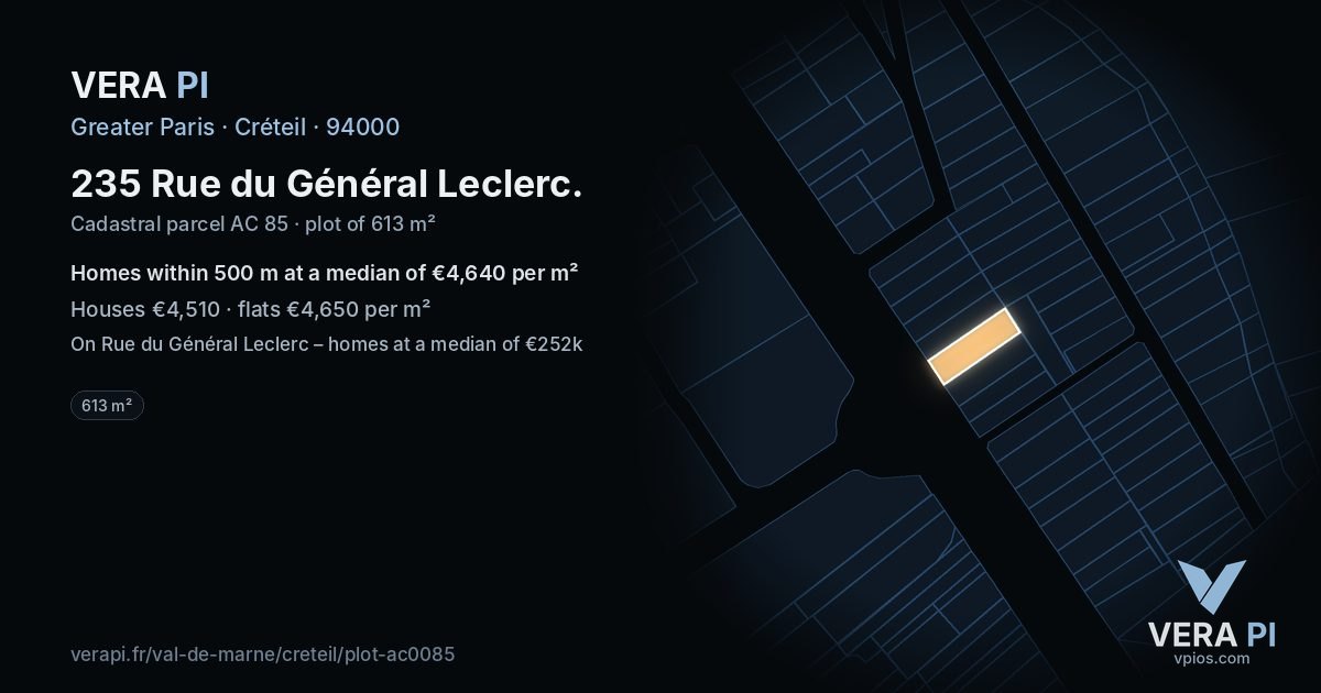 235 Rue du Général Leclerc, Créteil at night – the plot lit, the parcels around coloured by the prices near them