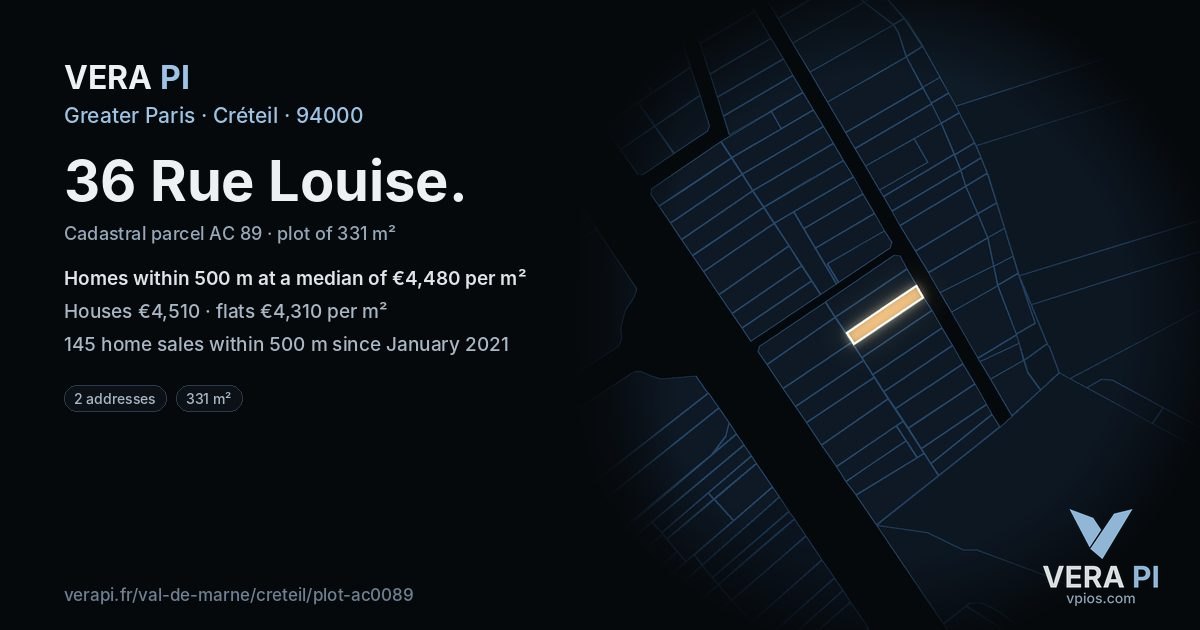 36 Rue Louise, Créteil at night – the plot lit, the parcels around coloured by the prices near them