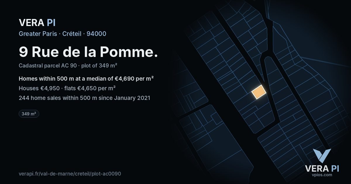 9 Rue de la Pomme, Créteil at night – the plot lit, the parcels around coloured by the prices near them