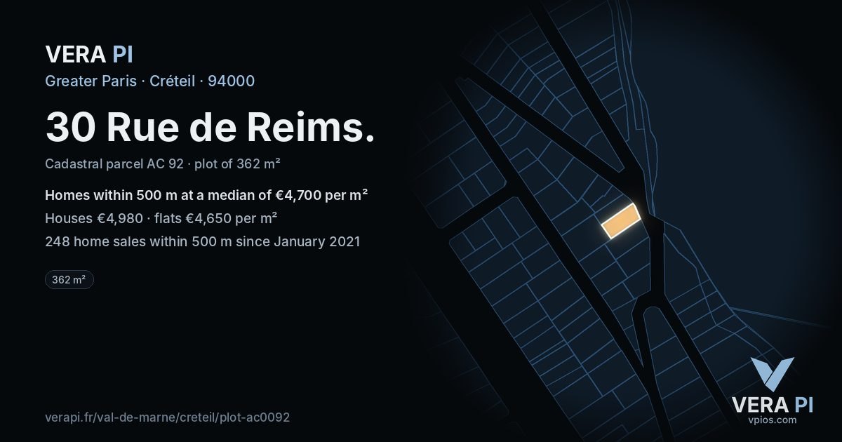 30 Rue de Reims, Créteil at night – the plot lit, the parcels around coloured by the prices near them