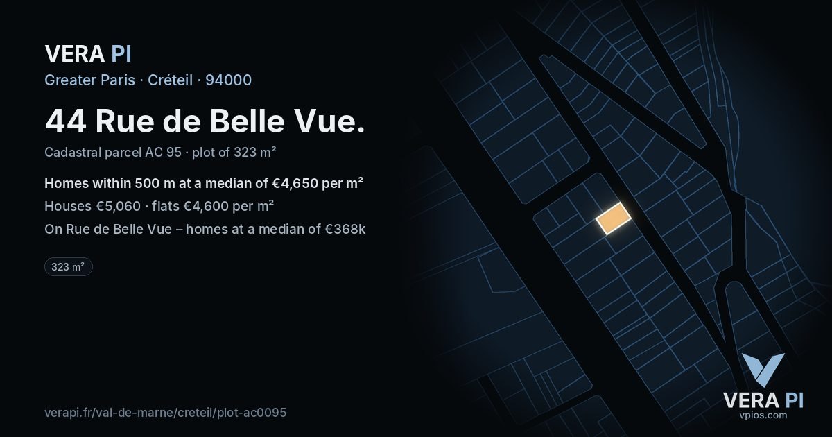 44 Rue de Belle Vue, Créteil at night – the plot lit, the parcels around coloured by the prices near them