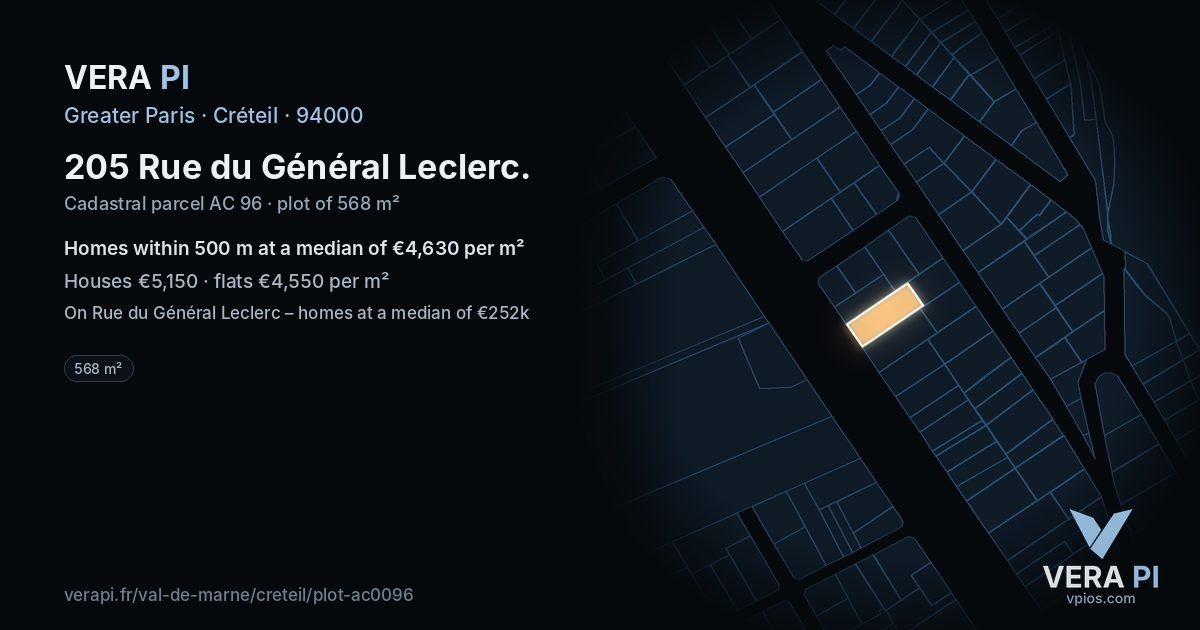 205 Rue du Général Leclerc, Créteil at night – the plot lit, the parcels around coloured by the prices near them