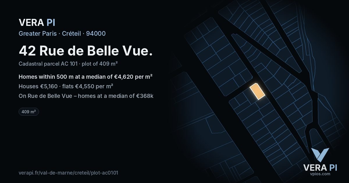 42 Rue de Belle Vue, Créteil at night – the plot lit, the parcels around coloured by the prices near them