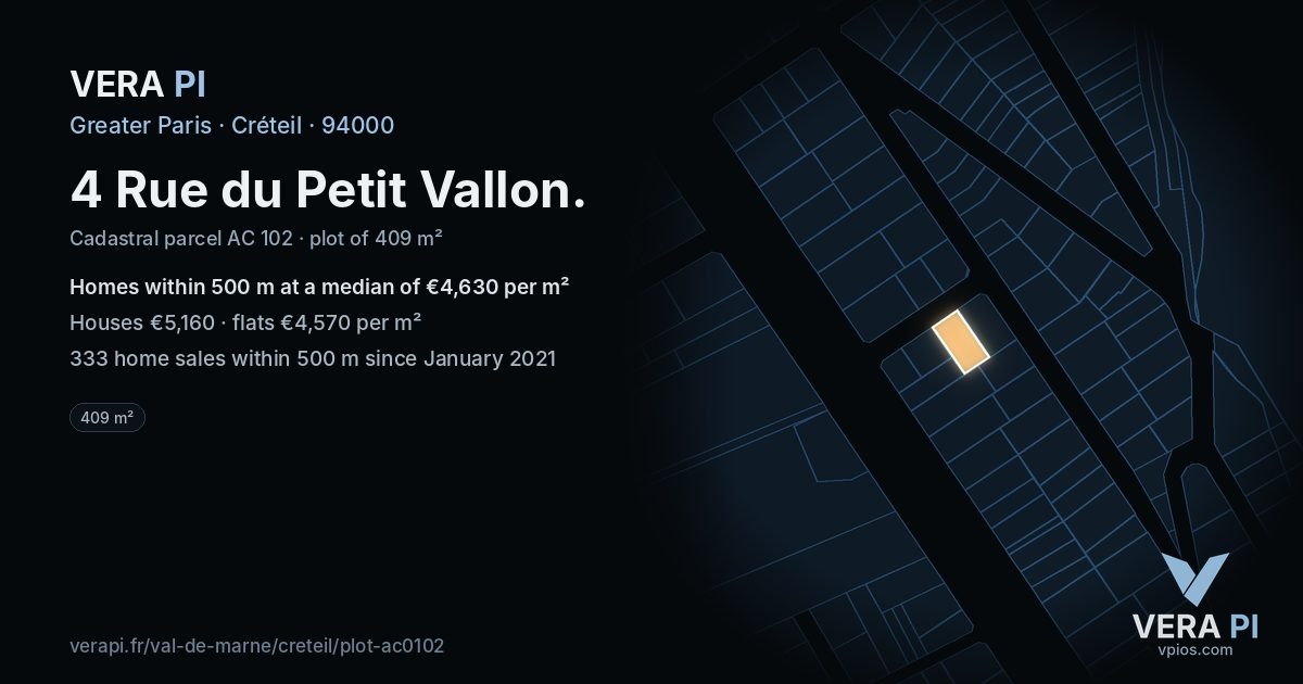 4 Rue du Petit Vallon, Créteil at night – the plot lit, the parcels around coloured by the prices near them
