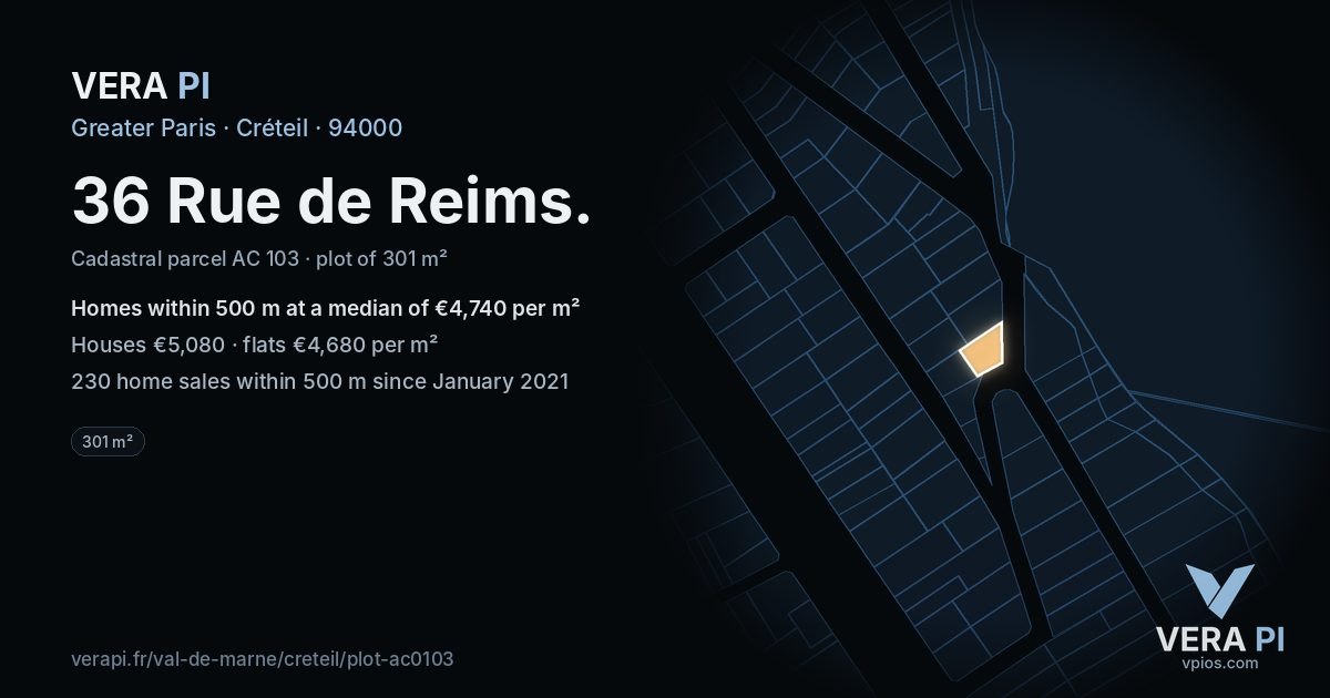 36 Rue de Reims, Créteil at night – the plot lit, the parcels around coloured by the prices near them