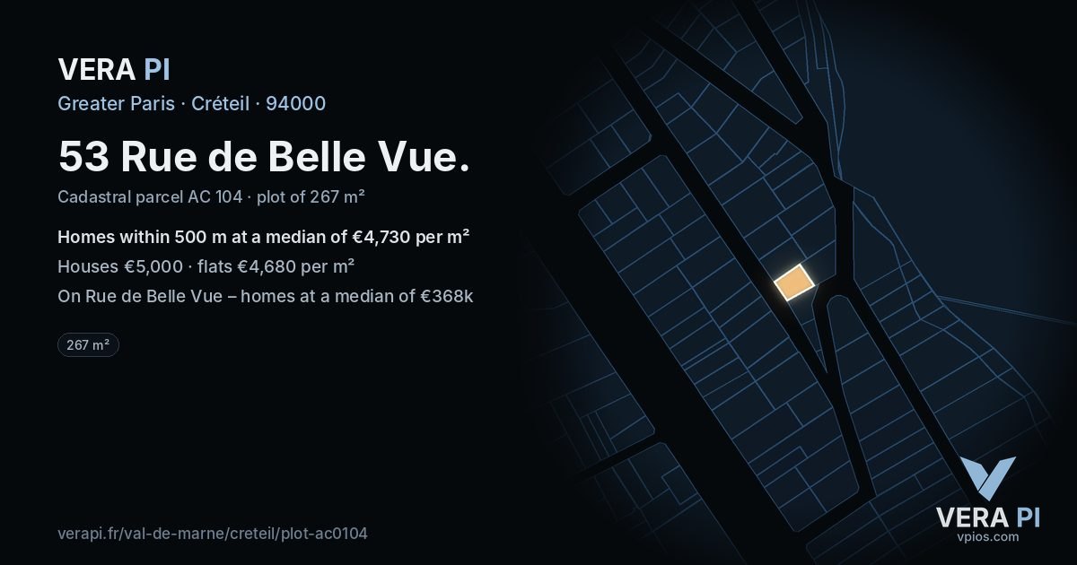 53 Rue de Belle Vue, Créteil at night – the plot lit, the parcels around coloured by the prices near them