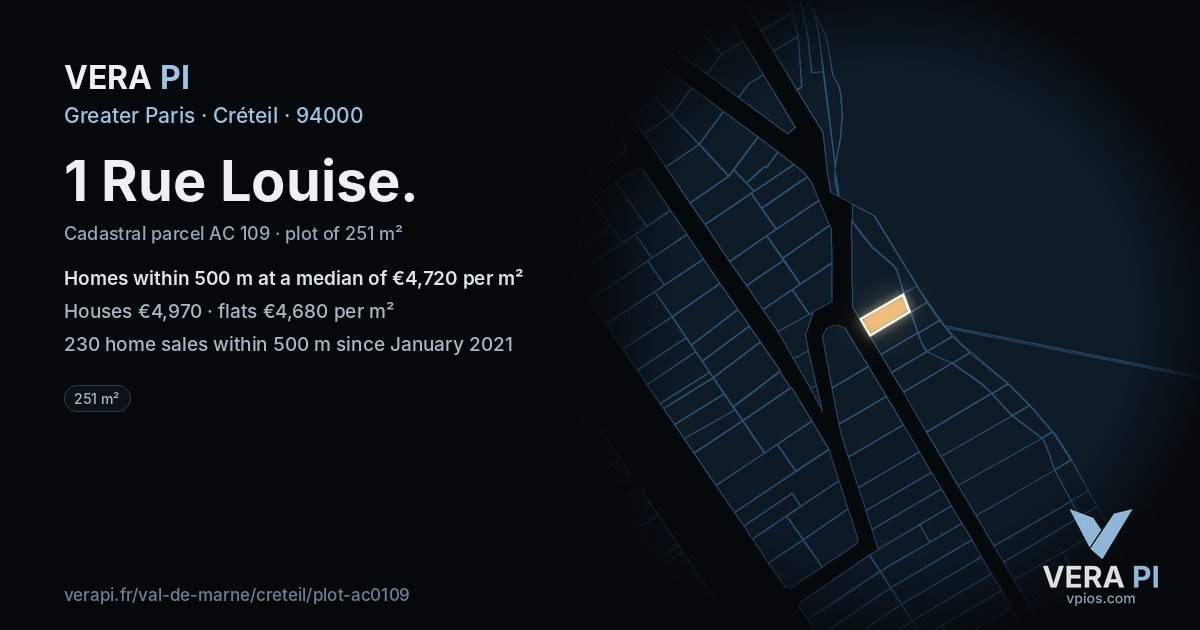 1 Rue Louise, Créteil at night – the plot lit, the parcels around coloured by the prices near them