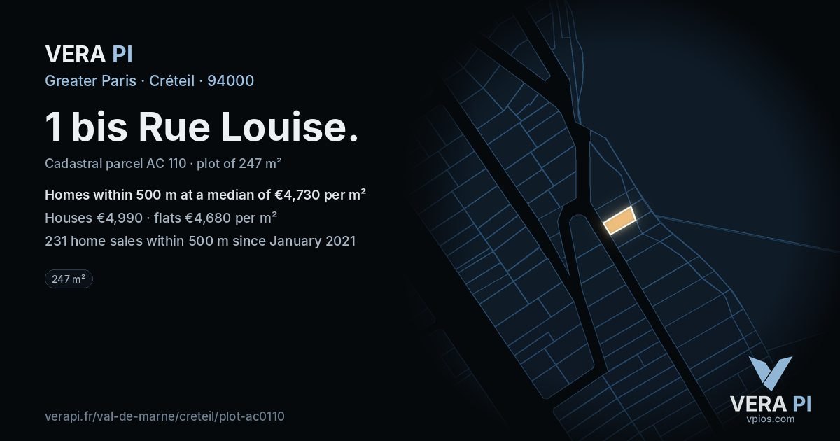 1 bis Rue Louise, Créteil at night – the plot lit, the parcels around coloured by the prices near them