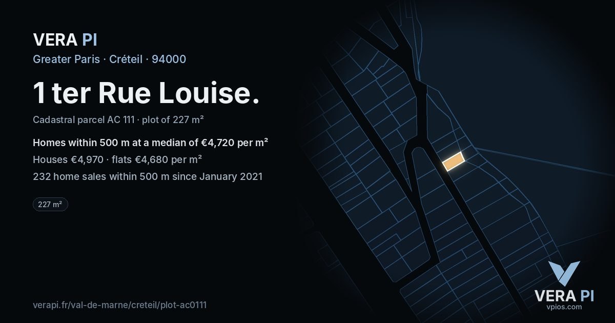 1 ter Rue Louise, Créteil at night – the plot lit, the parcels around coloured by the prices near them