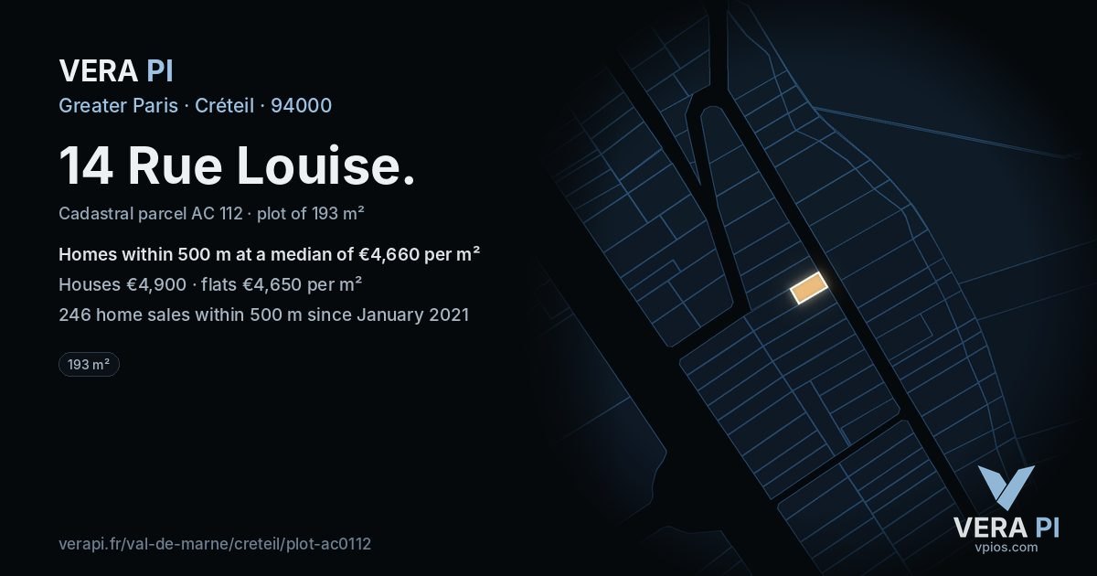 14 Rue Louise, Créteil at night – the plot lit, the parcels around coloured by the prices near them