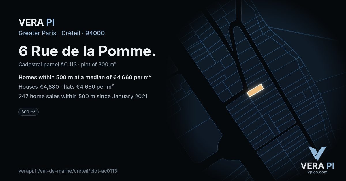 6 Rue de la Pomme, Créteil at night – the plot lit, the parcels around coloured by the prices near them