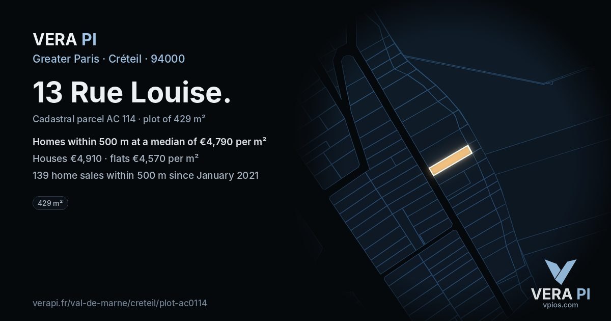 13 Rue Louise, Créteil at night – the plot lit, the parcels around coloured by the prices near them