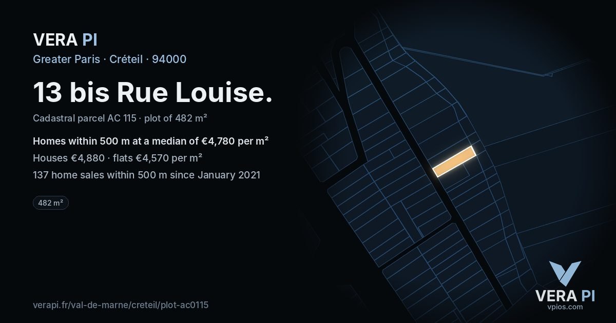 13 bis Rue Louise, Créteil at night – the plot lit, the parcels around coloured by the prices near them