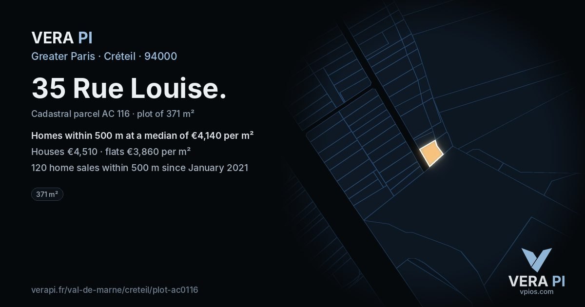 35 Rue Louise, Créteil at night – the plot lit, the parcels around coloured by the prices near them