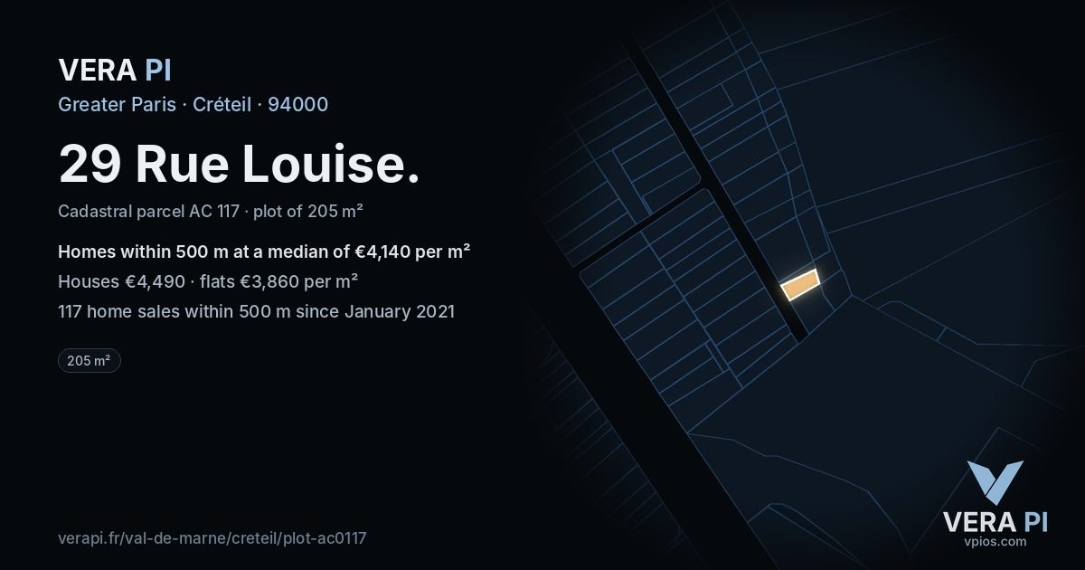 29 Rue Louise, Créteil at night – the plot lit, the parcels around coloured by the prices near them