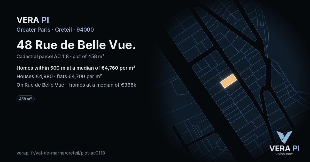 48 Rue de Belle Vue, Créteil at night – the plot lit, the parcels around coloured by the prices near them