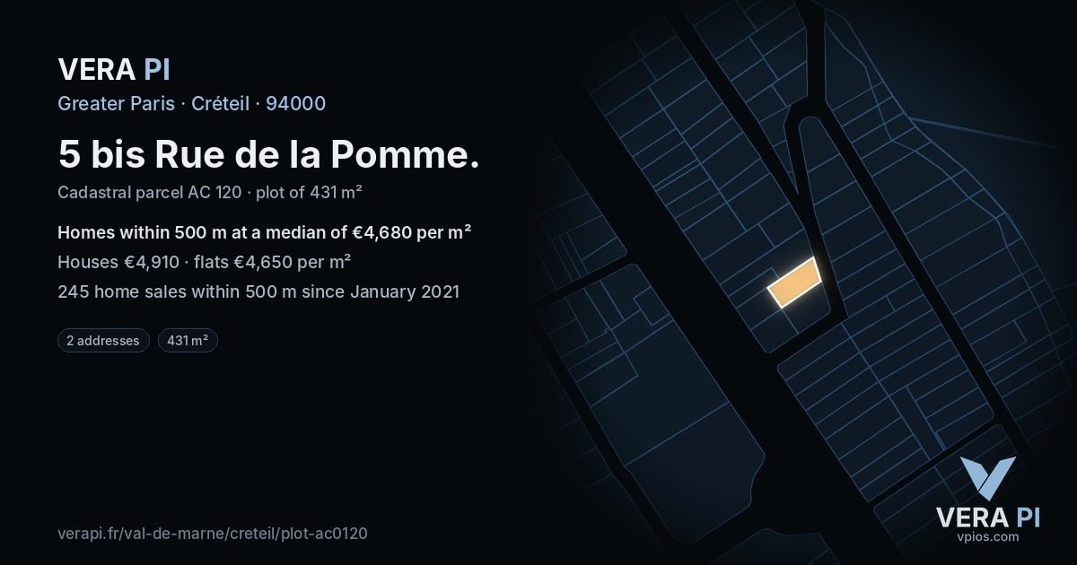 5 bis Rue de la Pomme, Créteil at night – the plot lit, the parcels around coloured by the prices near them