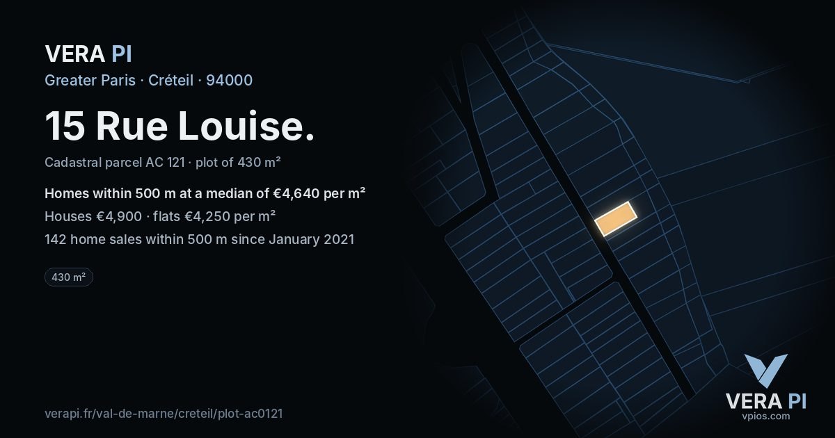 15 Rue Louise, Créteil at night – the plot lit, the parcels around coloured by the prices near them