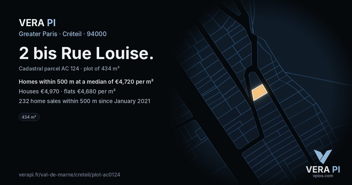 2 bis Rue Louise, Créteil at night – the plot lit, the parcels around coloured by the prices near them