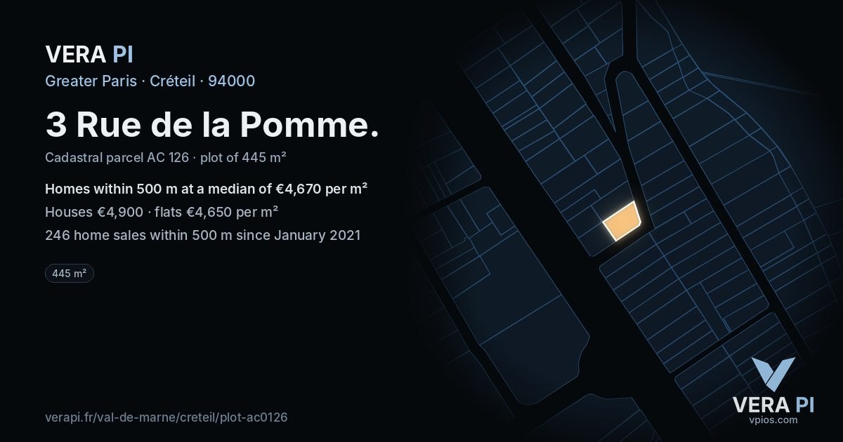 3 Rue de la Pomme, Créteil at night – the plot lit, the parcels around coloured by the prices near them