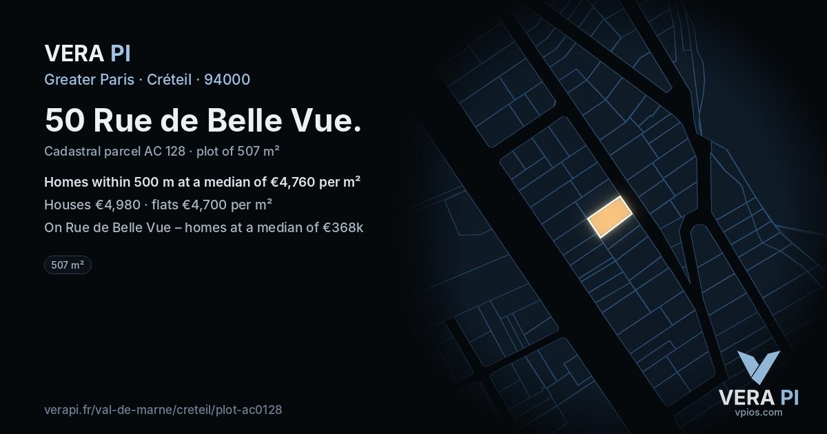 50 Rue de Belle Vue, Créteil at night – the plot lit, the parcels around coloured by the prices near them