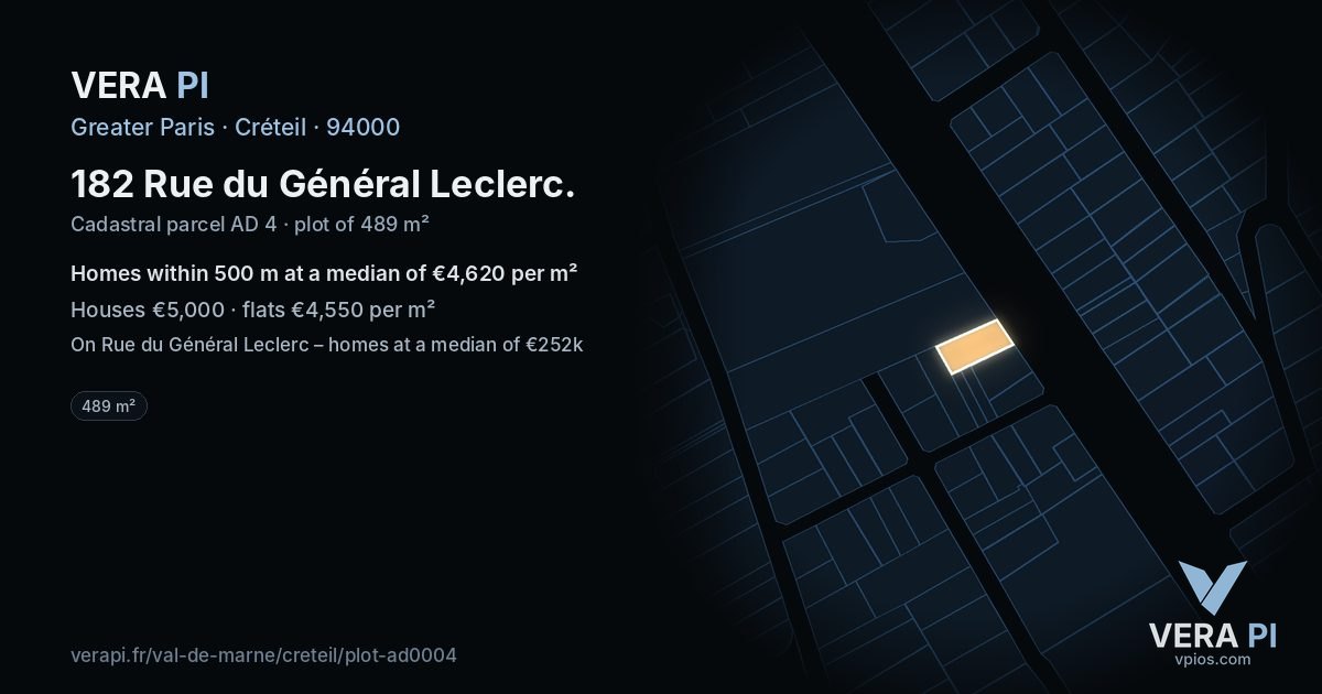 182 Rue du Général Leclerc, Créteil at night – the plot lit, the parcels around coloured by the prices near them