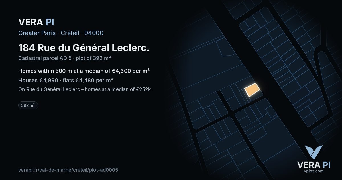 184 Rue du Général Leclerc, Créteil at night – the plot lit, the parcels around coloured by the prices near them