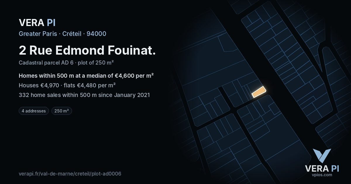 2 Rue Edmond Fouinat, Créteil at night – the plot lit, the parcels around coloured by the prices near them