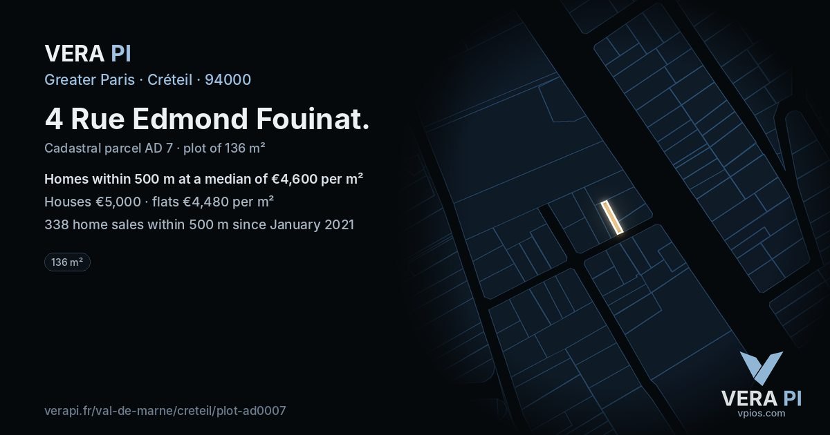 4 Rue Edmond Fouinat, Créteil at night – the plot lit, the parcels around coloured by the prices near them