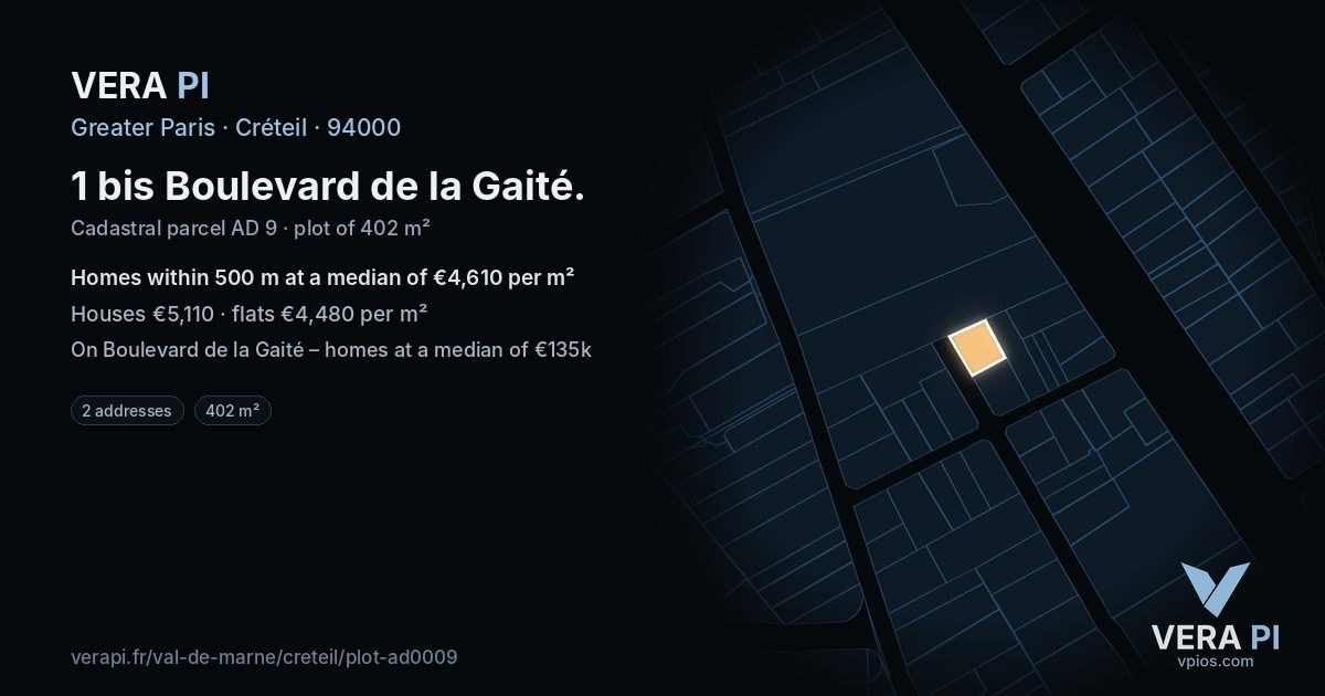 1 bis Boulevard de la Gaité, Créteil at night – the plot lit, the parcels around coloured by the prices near them