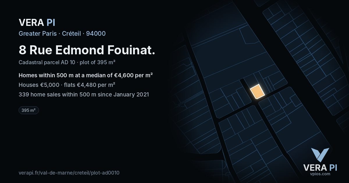 8 Rue Edmond Fouinat, Créteil at night – the plot lit, the parcels around coloured by the prices near them