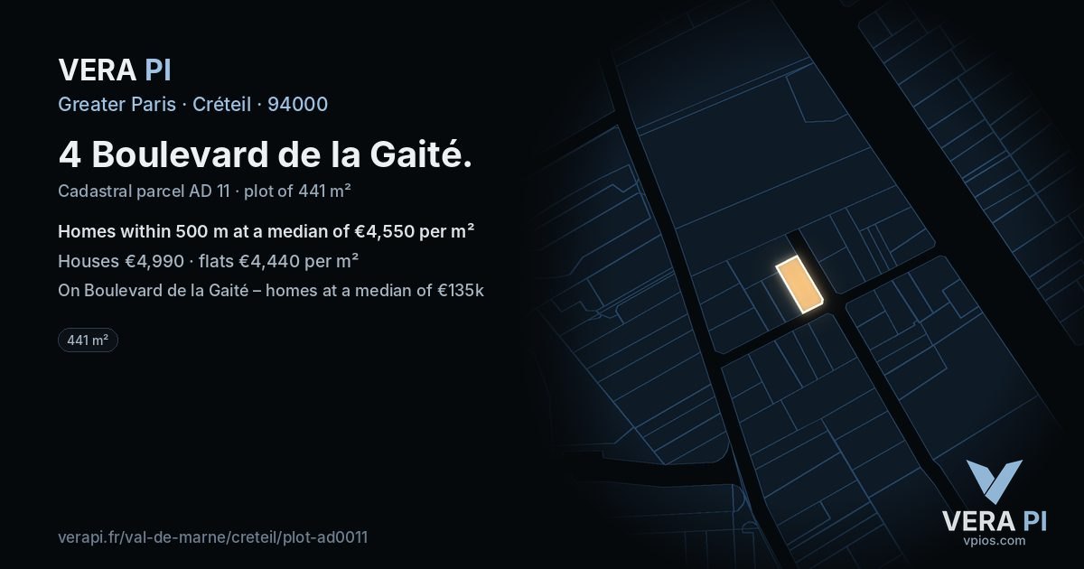 4 Boulevard de la Gaité, Créteil at night – the plot lit, the parcels around coloured by the prices near them