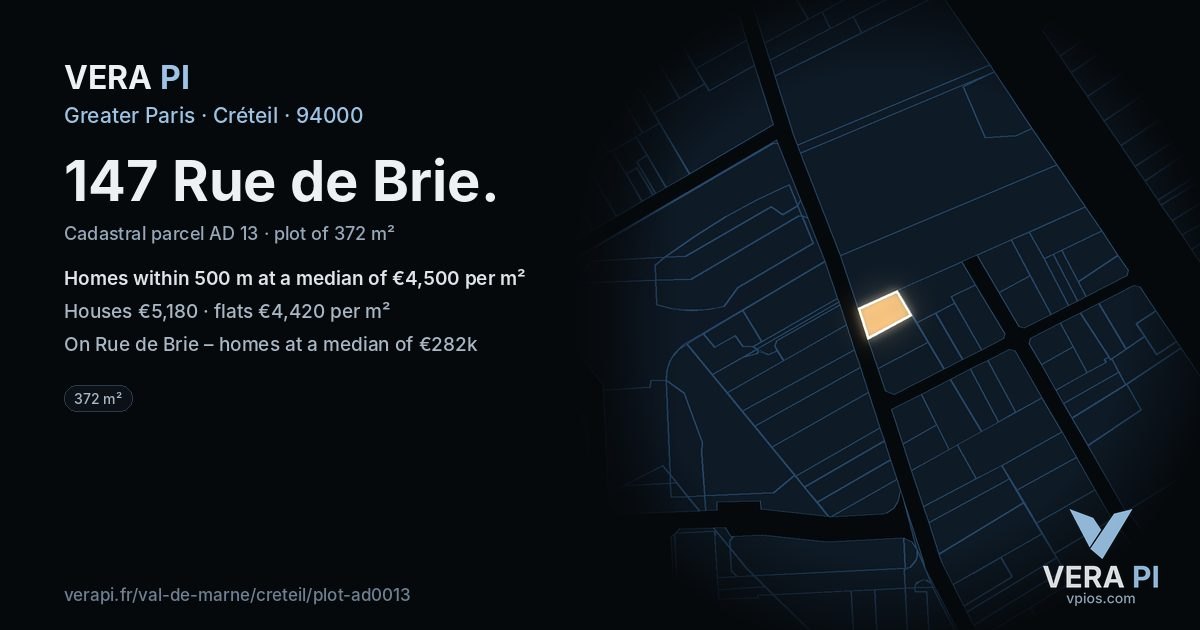 147 Rue de Brie, Créteil at night – the plot lit, the parcels around coloured by the prices near them