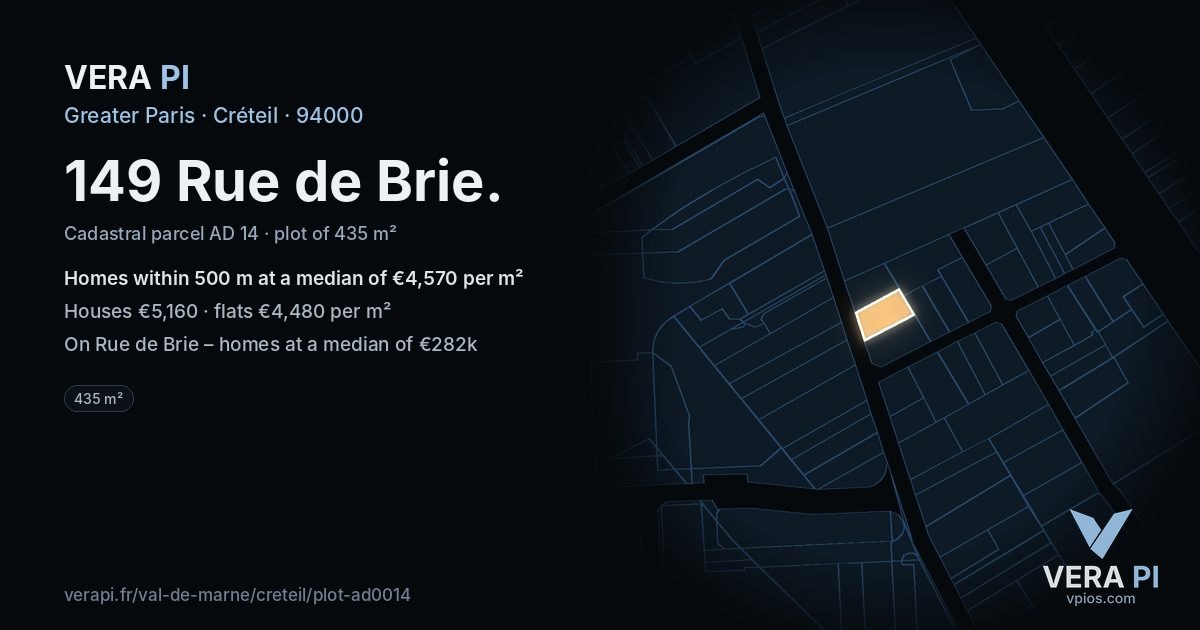 149 Rue de Brie, Créteil at night – the plot lit, the parcels around coloured by the prices near them