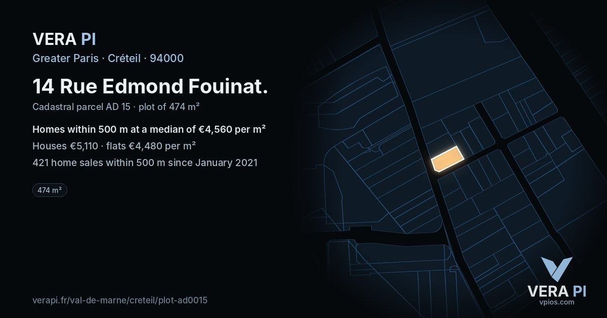 14 Rue Edmond Fouinat, Créteil at night – the plot lit, the parcels around coloured by the prices near them