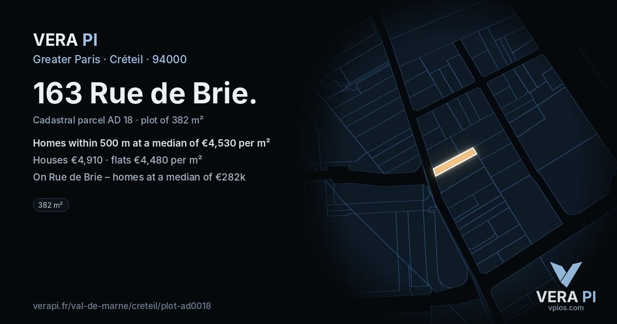 163 Rue de Brie, Créteil at night – the plot lit, the parcels around coloured by the prices near them