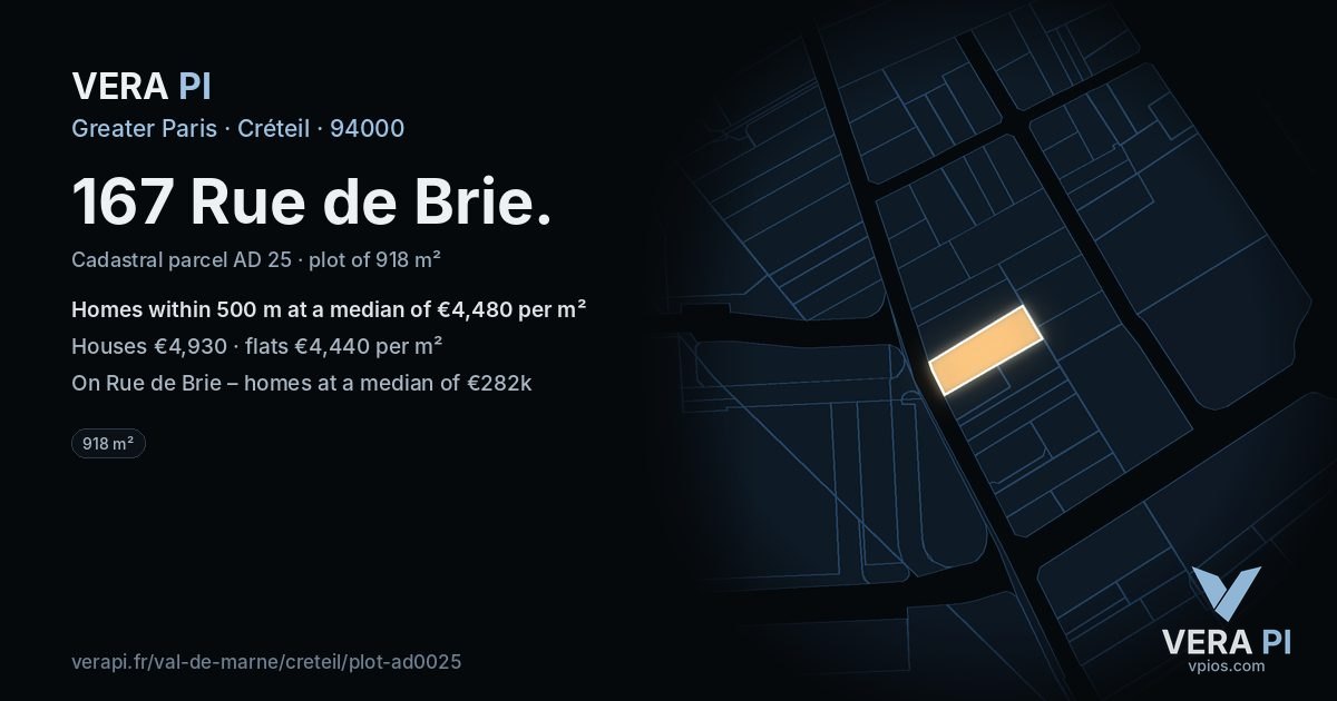 167 Rue de Brie, Créteil at night – the plot lit, the parcels around coloured by the prices near them