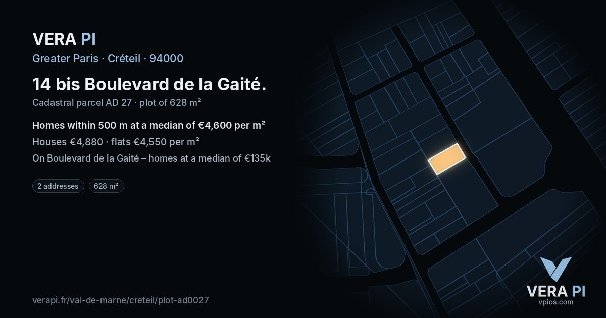 14 bis Boulevard de la Gaité, Créteil at night – the plot lit, the parcels around coloured by the prices near them