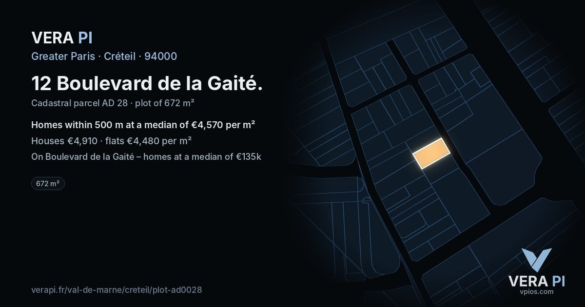 12 Boulevard de la Gaité, Créteil at night – the plot lit, the parcels around coloured by the prices near them
