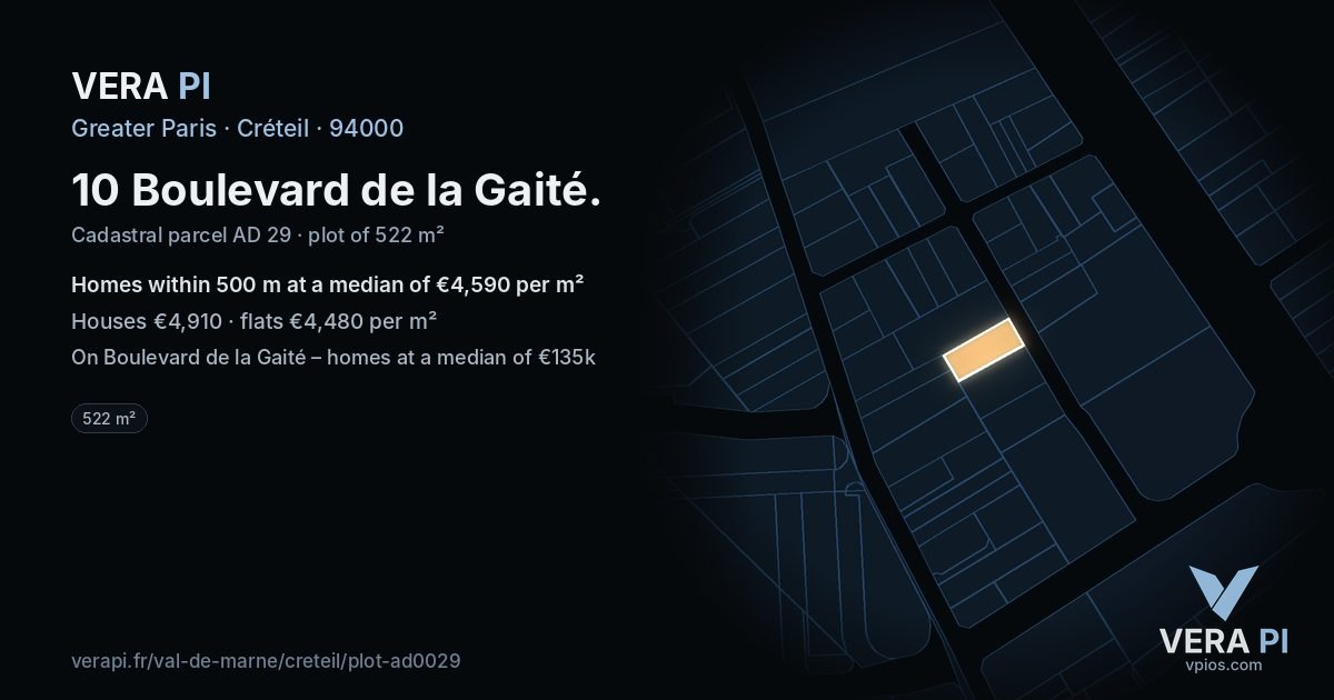 10 Boulevard de la Gaité, Créteil at night – the plot lit, the parcels around coloured by the prices near them