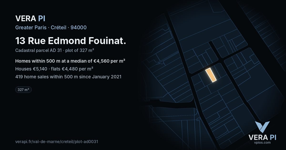 13 Rue Edmond Fouinat, Créteil at night – the plot lit, the parcels around coloured by the prices near them